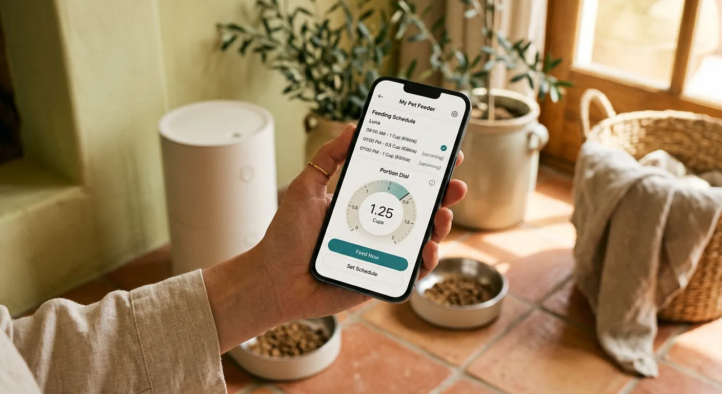 Hand holding a phone running the Olea feeding app in a sunlit living room