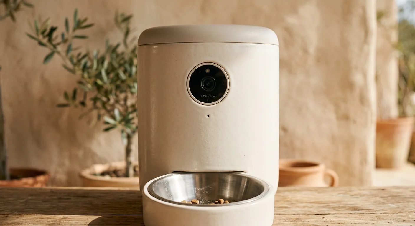 Close-up of the Olea Smart Feeder's centred camera lens
