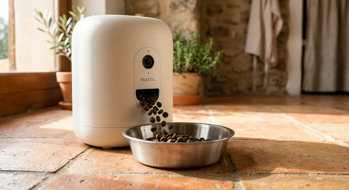 Kibble dispensing into the Olea Smart Feeder's stainless steel bowl
